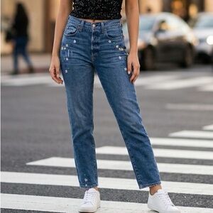 Alice + Olivia AO . LA button fly blue Floral Embroidered Straight-Leg Jeans 26